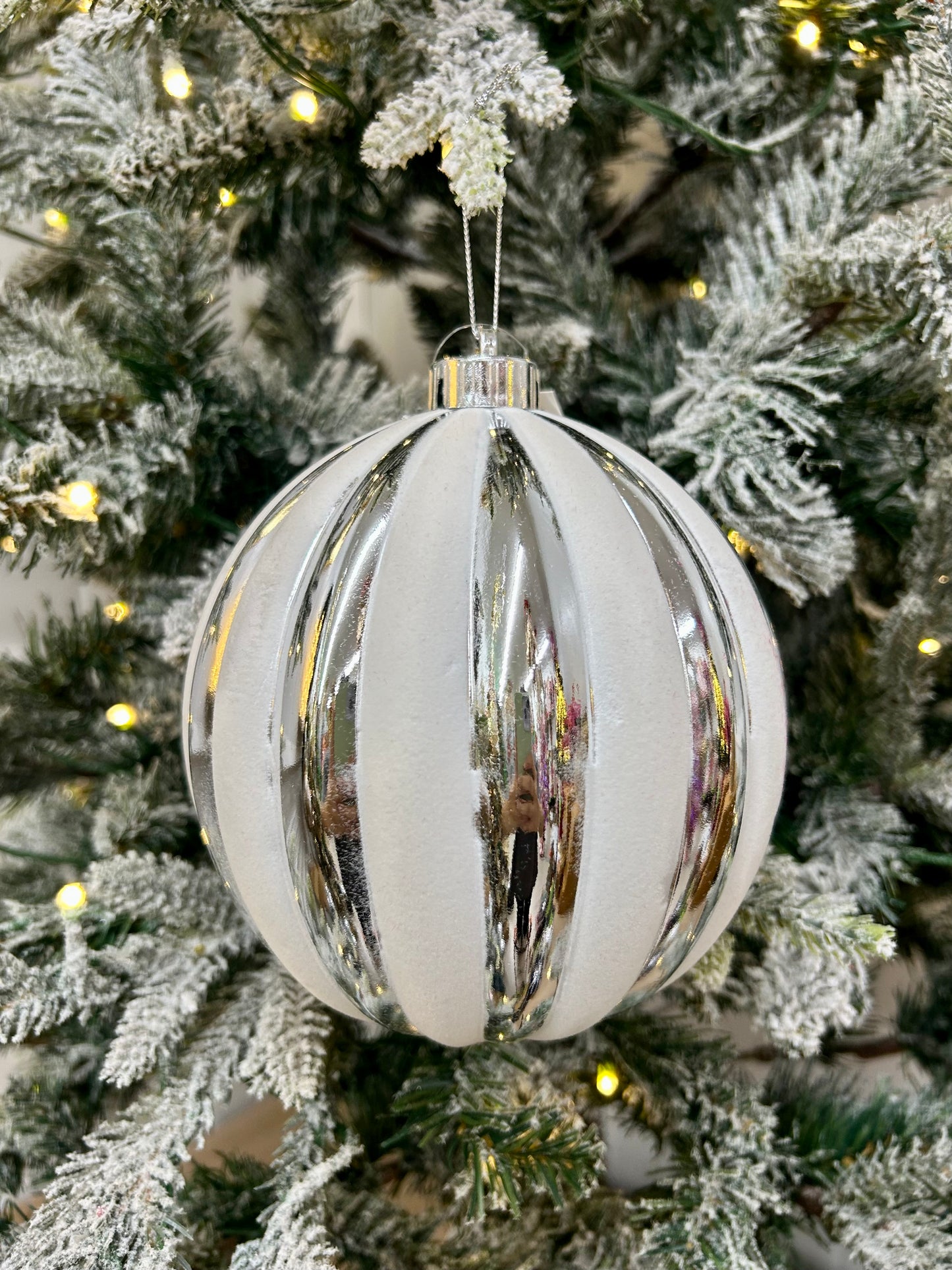 6 Inch Silver And White Stripe Ball Ornament
