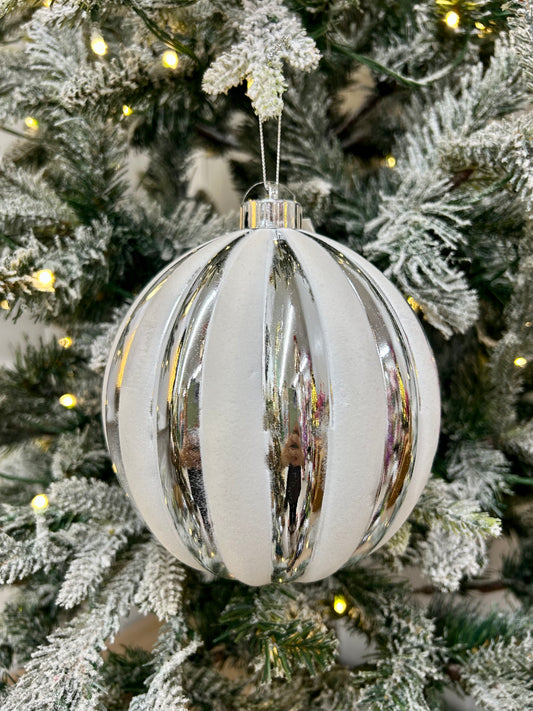 6 Inch Silver And White Stripe Ball Ornament