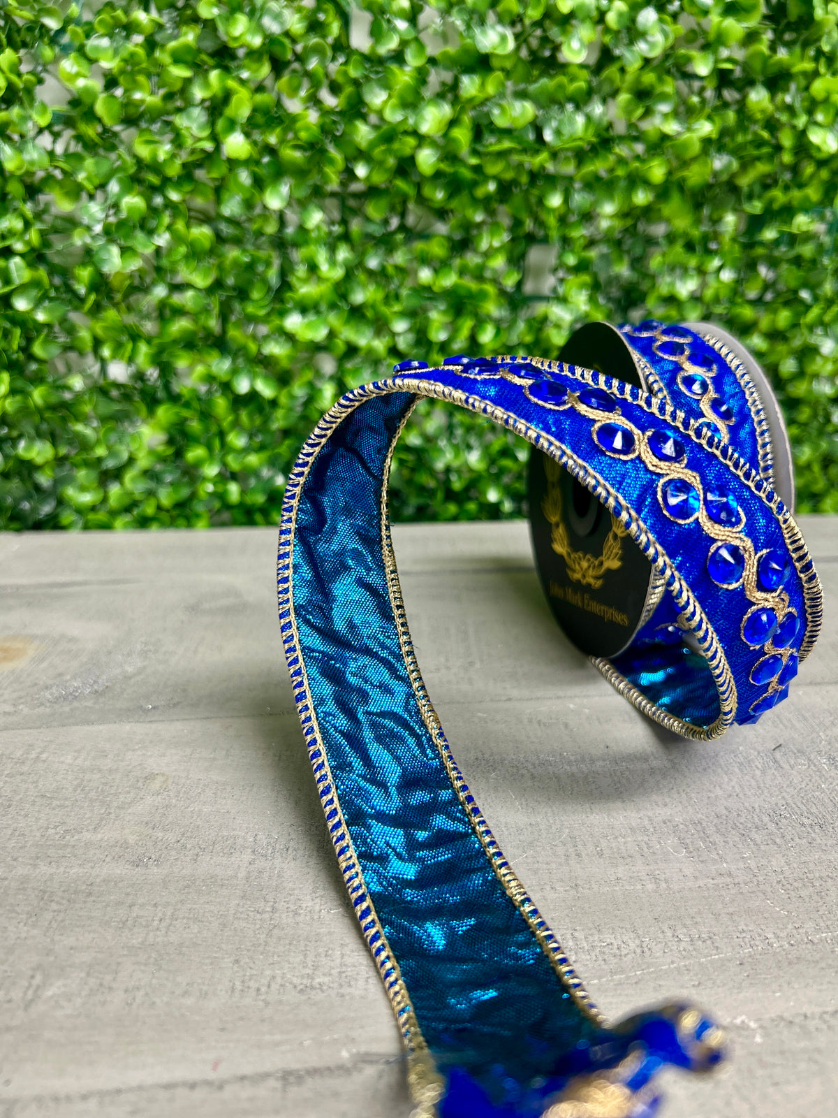 John Mark 1 Inch By 5 Yard Blue Jeweled Trim Metallic Dupioni Blue Ribbon
