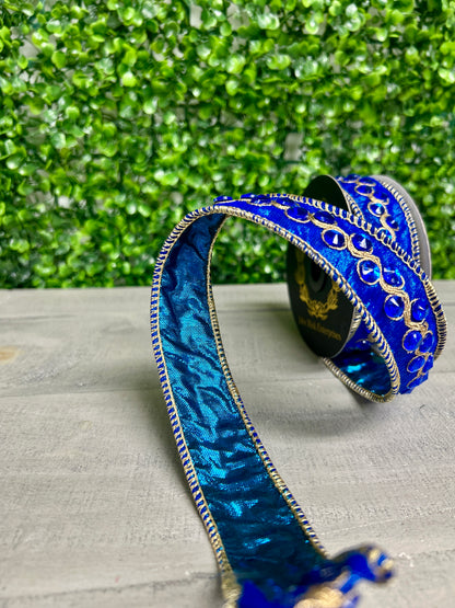 John Mark 1 Inch By 5 Yard Blue Jeweled Trim Metallic Dupioni Blue Ribbon