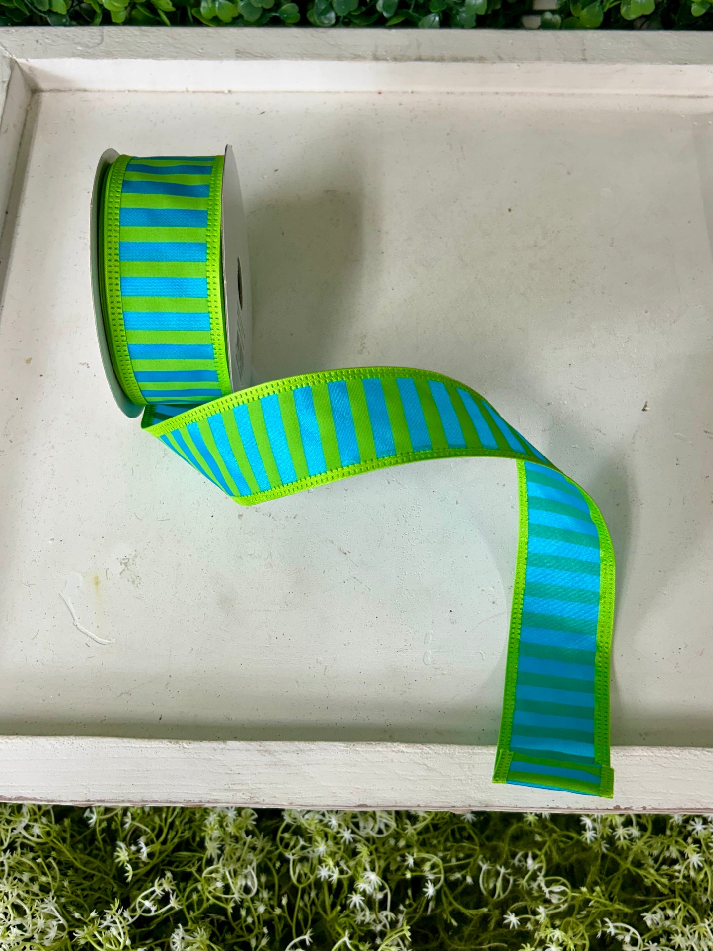 1.5 Inch By 10 Yard Lime Green And Turquoise Stripe Ribbon