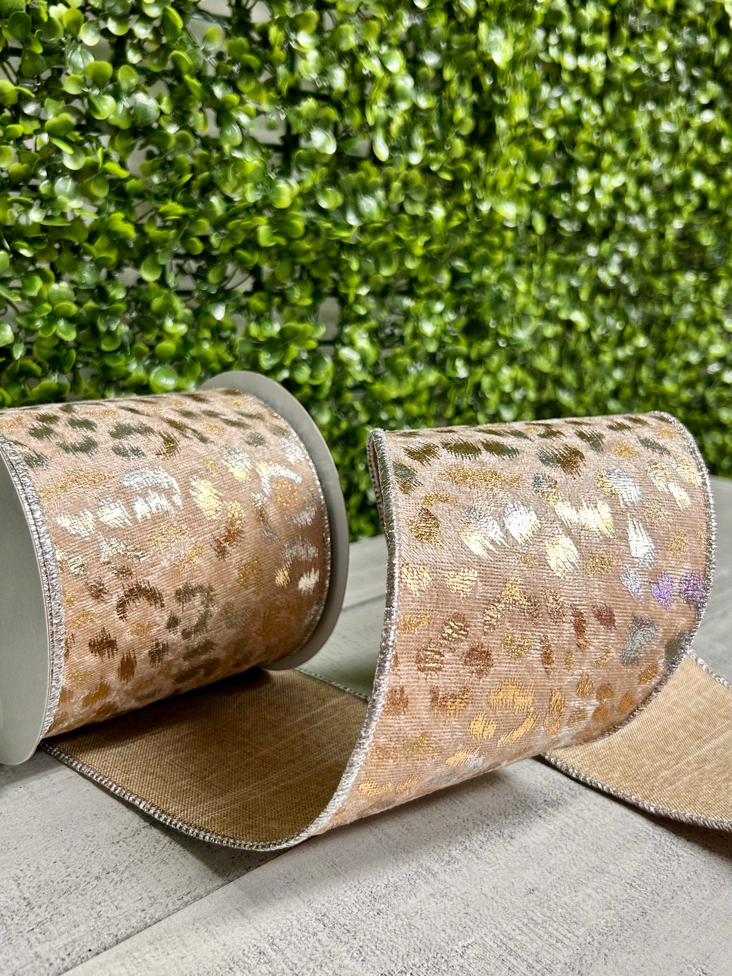 4 Inch By 10 Yard Light Brown Silver And Gold Velvet Metallic Animal Spots Ribbon