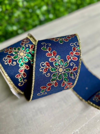 2.5 Inch By 10 Yard Navy Emerald And Red Ornate Loop Diamond Ribbon