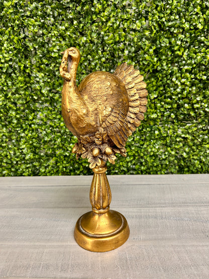 13.25 Inch Gold Resin Turkey On Pedestal