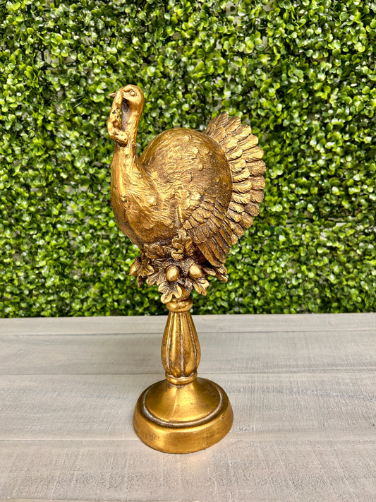 13.25 Inch Gold Resin Turkey On Pedestal