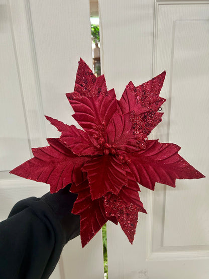 18 Inch Burgundy Velvet Poinsettia Stem