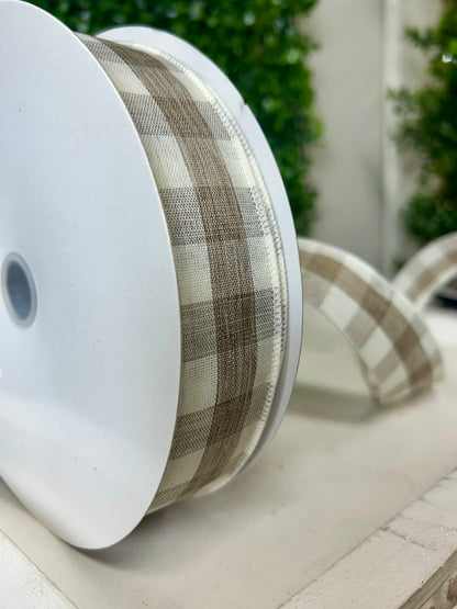1.5 Inch By 50 Yard Cream And Brown Woven Check Ribbon