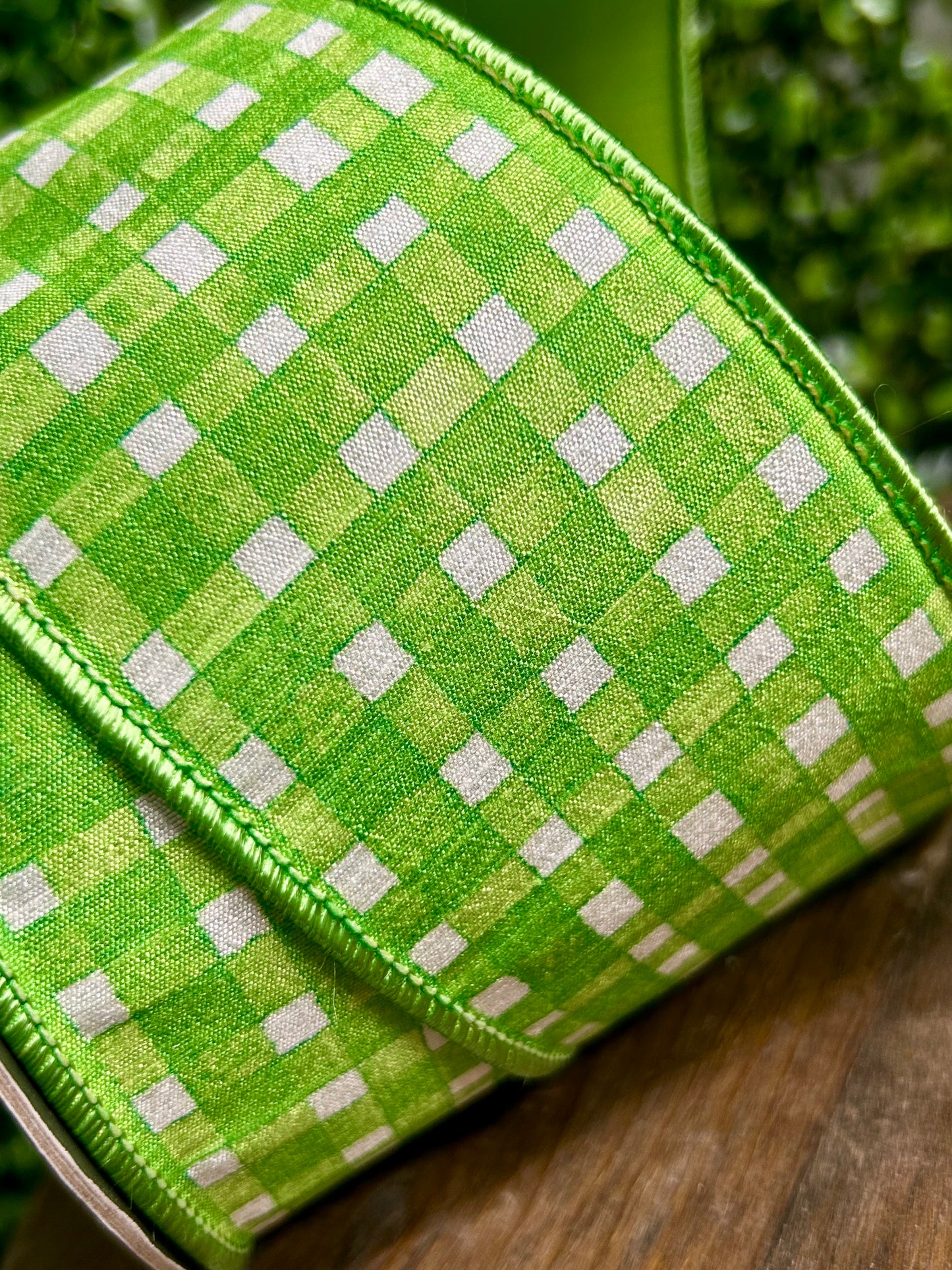 2.5 Inch Green Watercolor Check Deluxe Dupioni Backed Wired Edge Ribbon