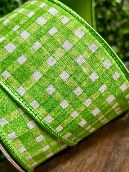2.5 Inch Green Watercolor Check Deluxe Dupioni Backed Wired Edge Ribbon