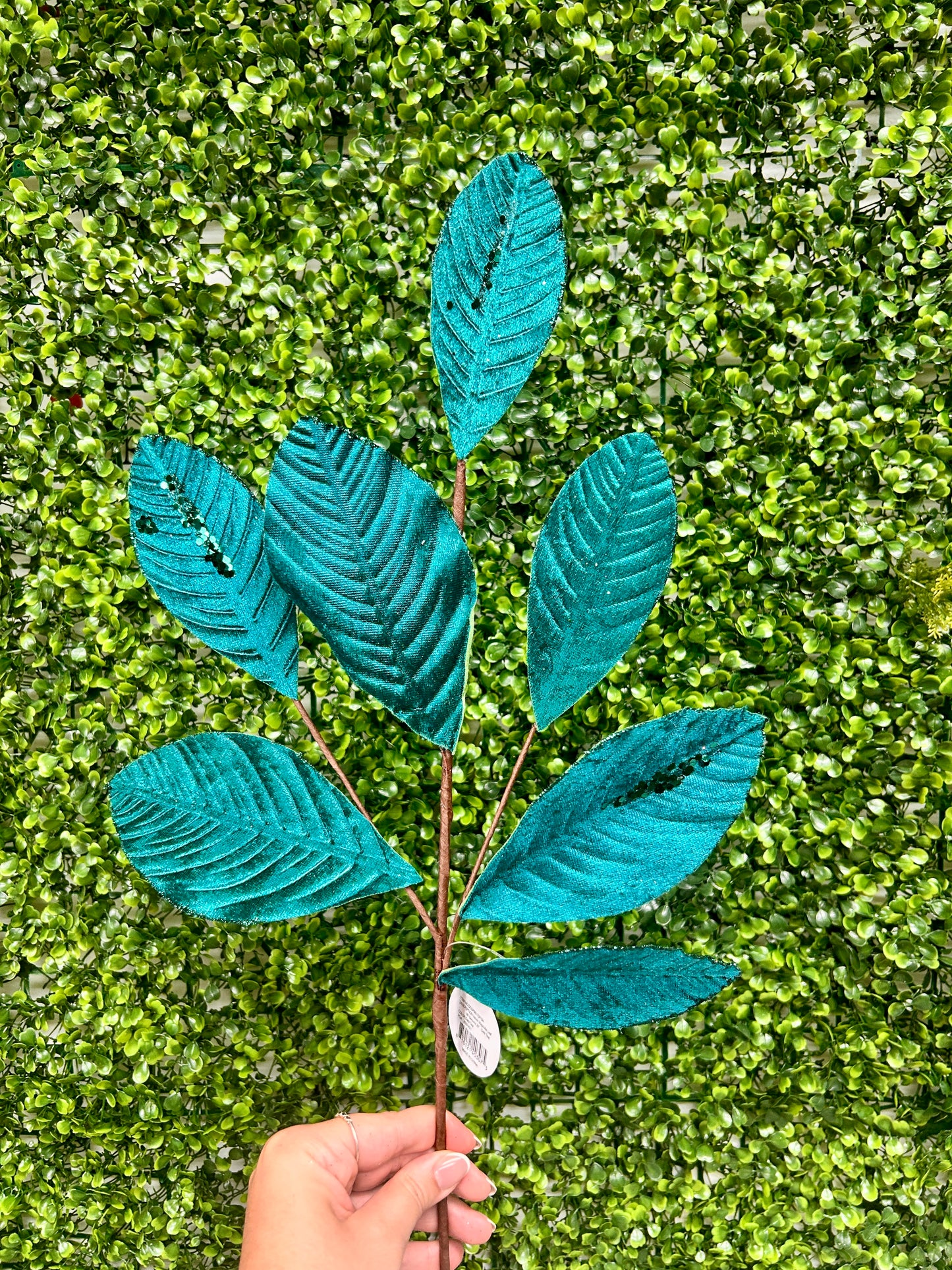 26 Inch Dark Teal Velvet Sequin Magnolia Leaf Spray