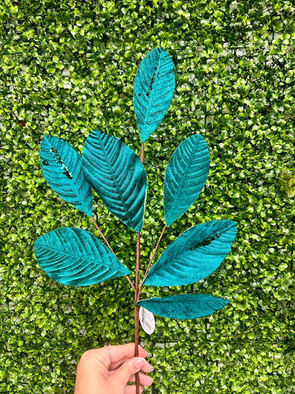 26 Inch Dark Teal Velvet Sequin Magnolia Leaf Spray