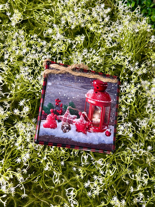 5 Inch Square Snowy Lantern With Ornament Metal Sign