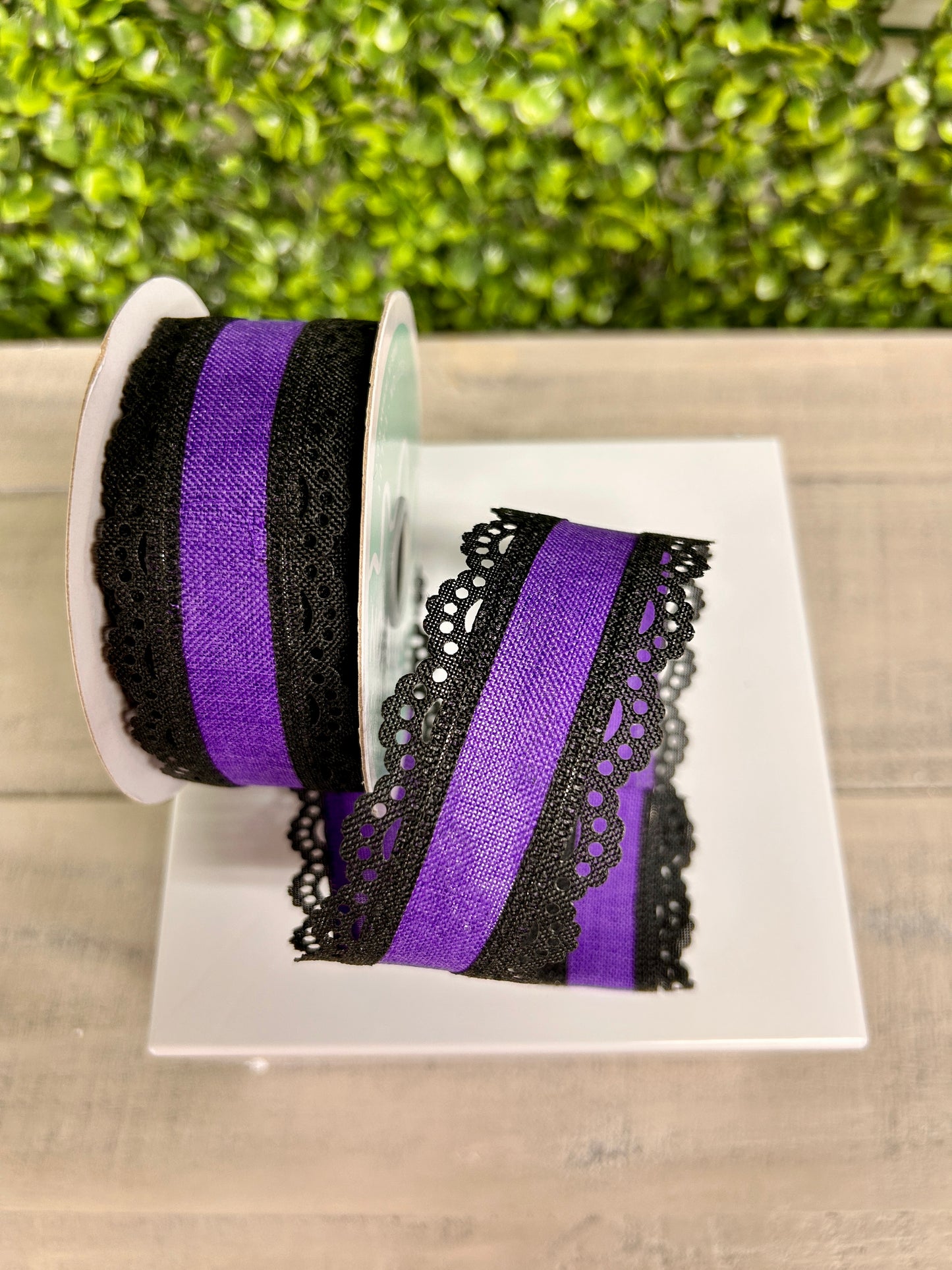 1.5 Inch Black And Purple Lace Edge Royal Burlap Ribbon