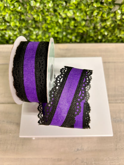 1.5 Inch Black And Purple Lace Edge Royal Burlap Ribbon