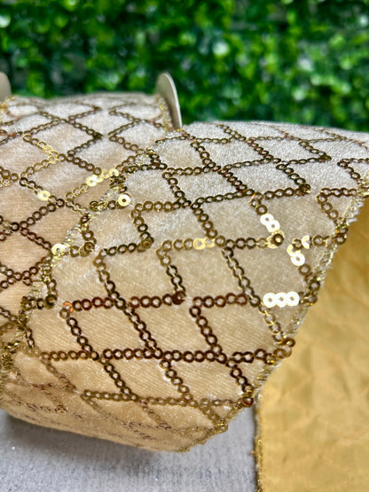 David Christopher's 2.5 Inch By 10 Yard Gold Velvet Ribbon With Stitched Sequin Diamond Design Ribbon