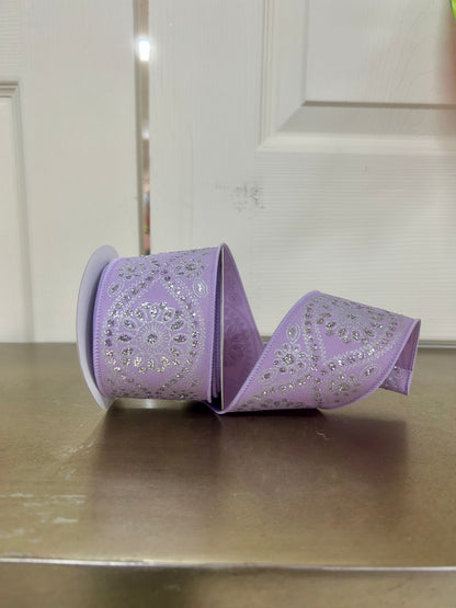 2.5 Inch By 10 Yard Lavender And Silver Deluxe Wavy Floral Ribbon