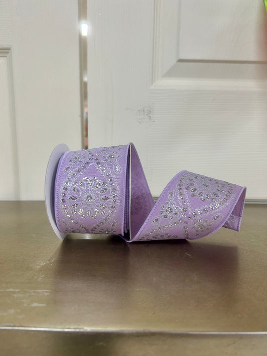 2.5 Inch By 10 Yard Lavender And Silver Deluxe Wavy Floral Ribbon
