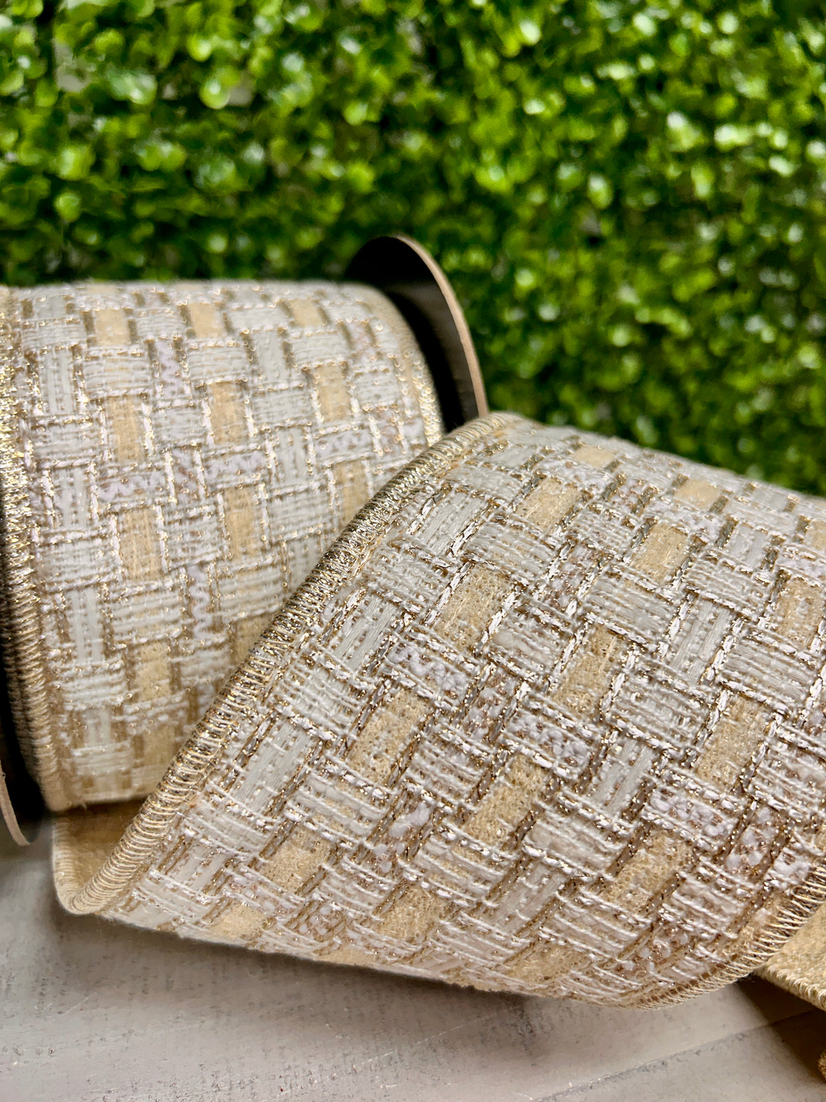 4 Inch By 5 Yard Champagne And Gold Metallic Backing Tweed Ribbon
