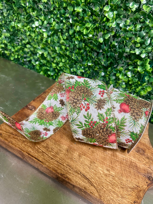 2.5 Inch By 10 Yard Pinecone Berry And Mistletoe Ribbon