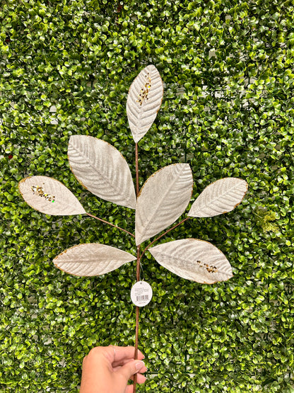 26 Inch Cream And Gold Velvet Sequin Magnolia Leaf Spray