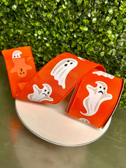 2.5 Inch By 10 Yard Ghosts On Orange Background Ribbon