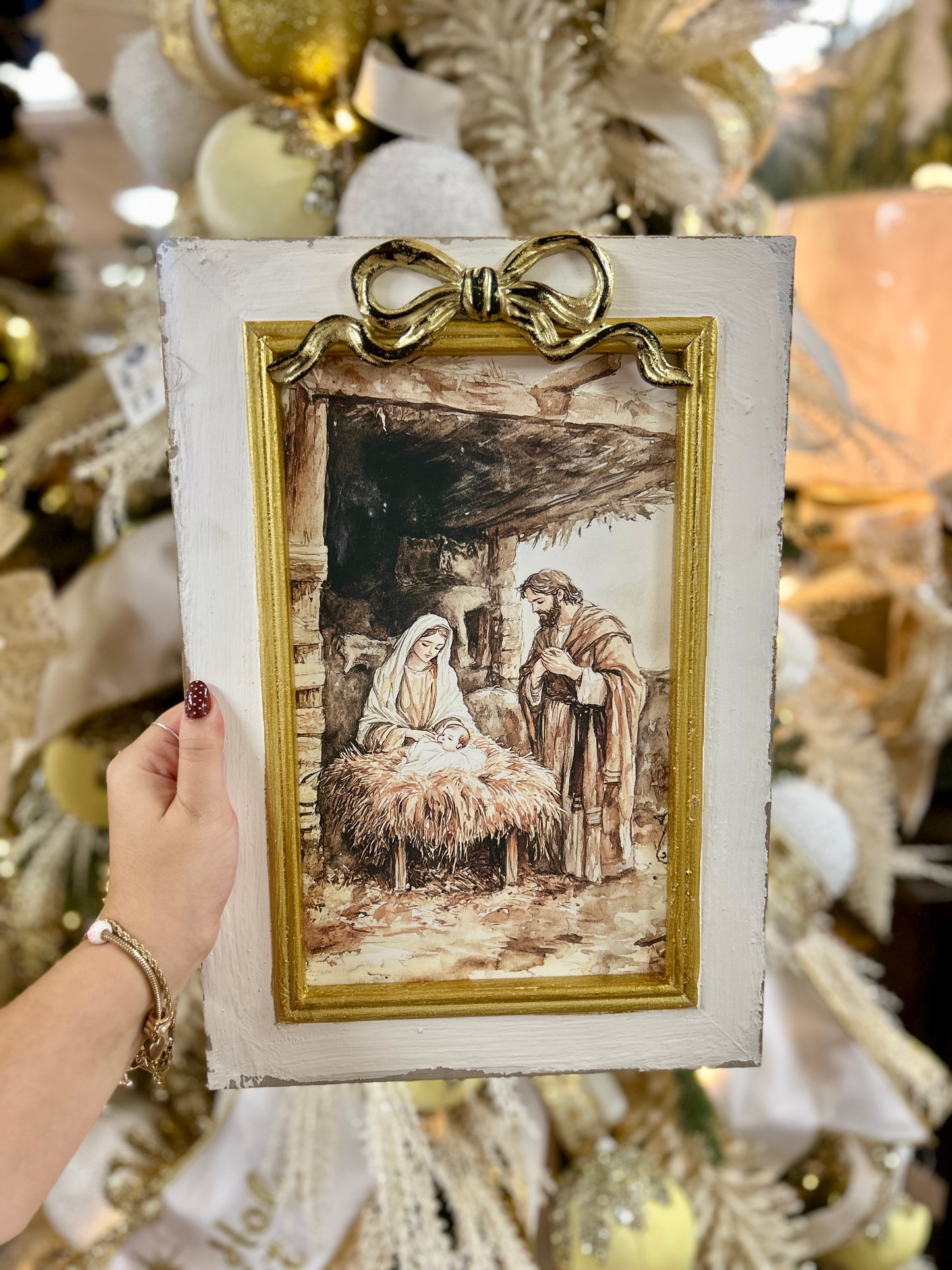 White And Gold Nativity Picture Frame With Bow