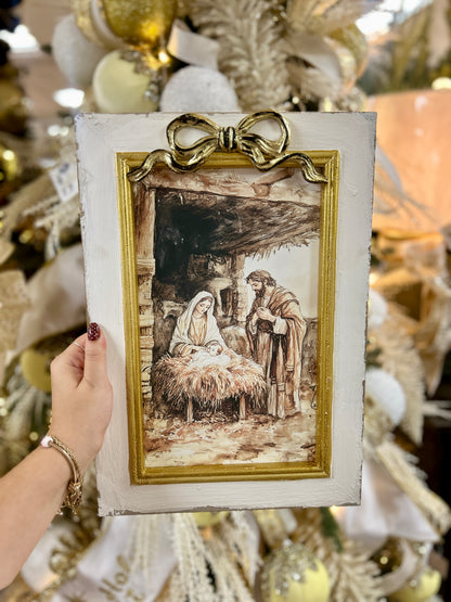 White And Gold Nativity Picture Frame With Bow