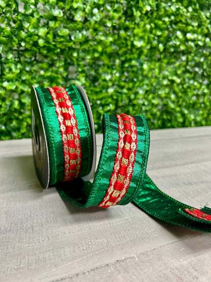 John Mark 1.5 Inch By 5 Yard Red And Green Trim Metallic Dupioni Ribbon