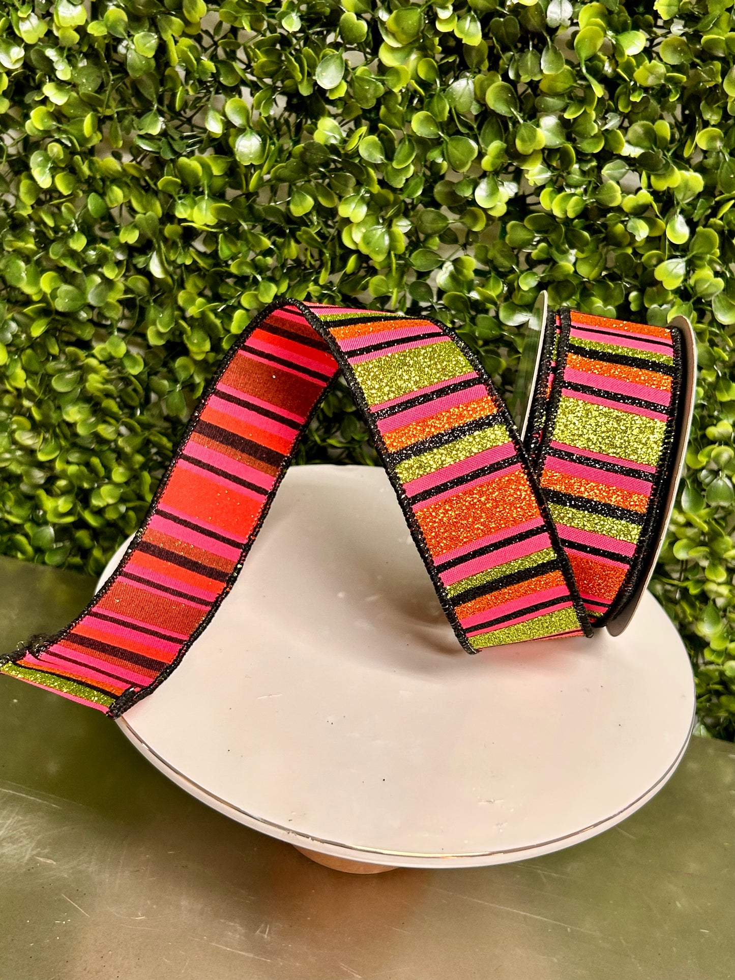 1.5 Inch By 10 Yard Hot Pink Lime Black And Orange Horizontal Stripe Ribbon
