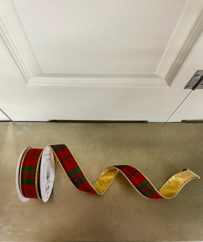 1.5 Inch By 10 Yard Modern Red And Green Christmas Plaid With Gold Back Ribbon