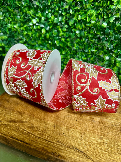 2.5 Inch By 10 Yard Red And Gold Holly Leaf And Berry Ribbon