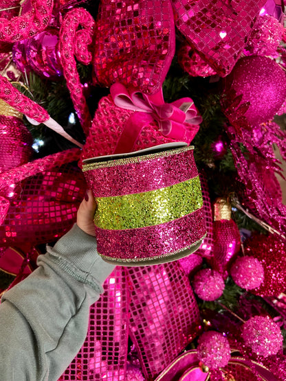 4 Inch By 10 Yard Fuchsia And Lime Large Glitter Stripe Ribbon