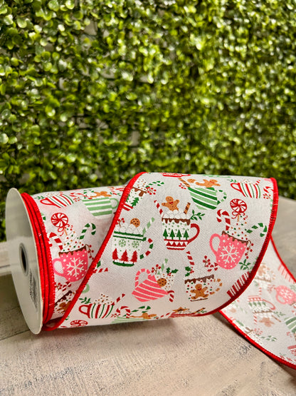 4 Inch By 10 Yard Christmas Hot Cocoa Mugs Ribbon