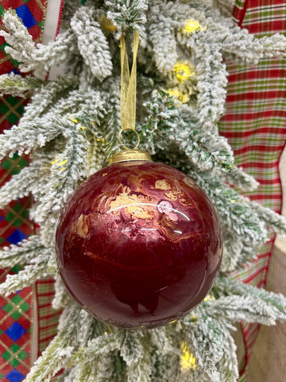 5 Inch Red Gold White Marble Glass Ball Ornament