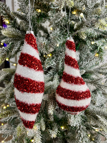 7.75-9 Inch Zigzag Red And White Glitter Ornaments Two Styles