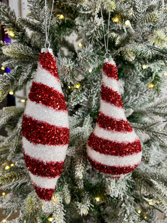 7.75-9 Inch Zigzag Red And White Glitter Ornaments Two Styles