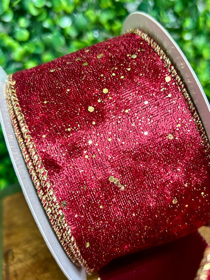 2.5 Inch By 10 Yard Burgundy And Gold Speckled Velvet Ribbon