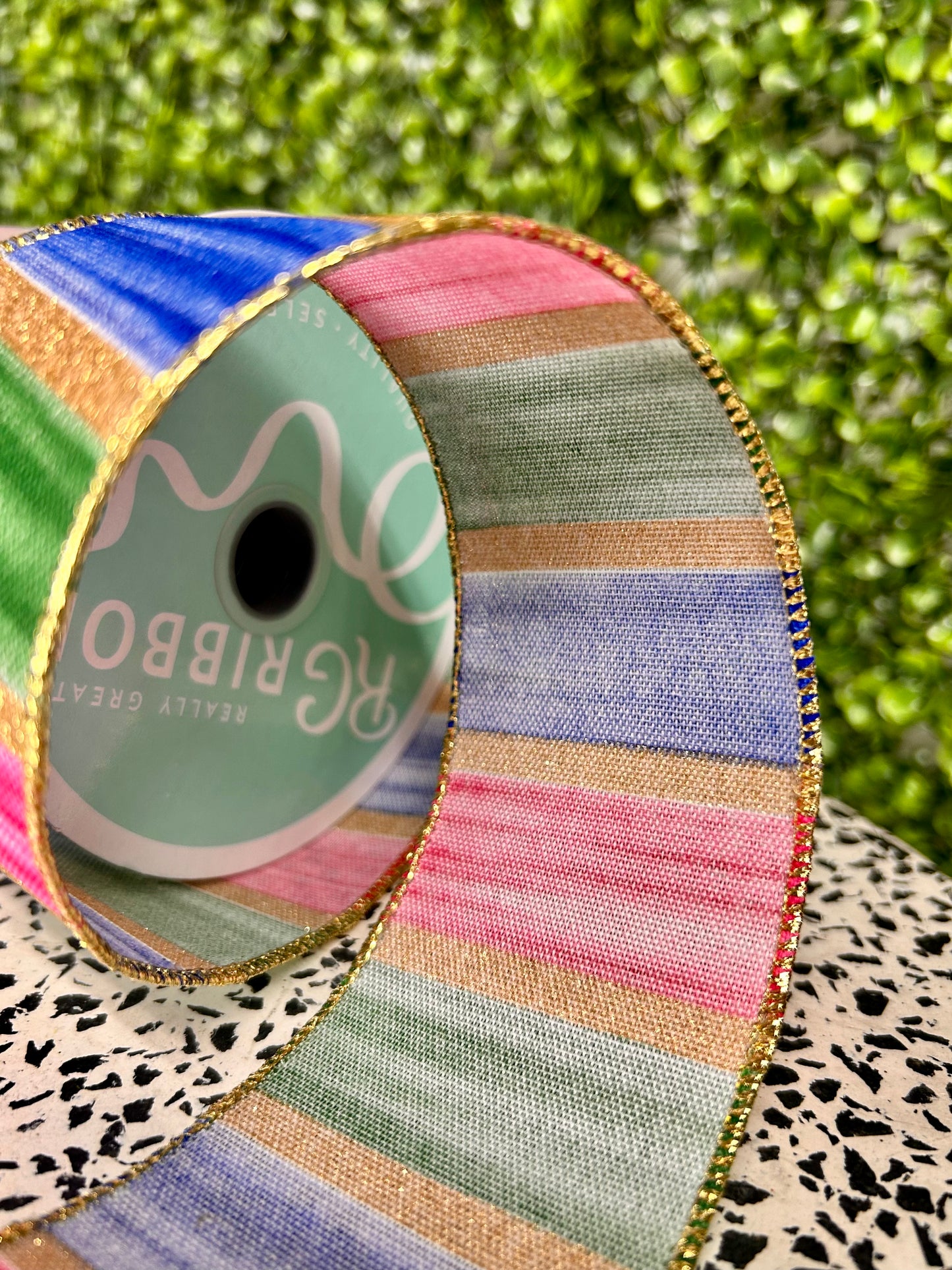 2.5 Inch By 10 Yard Fuchsia Blue Emerald And Gold Watercolor Stripes Ribbon