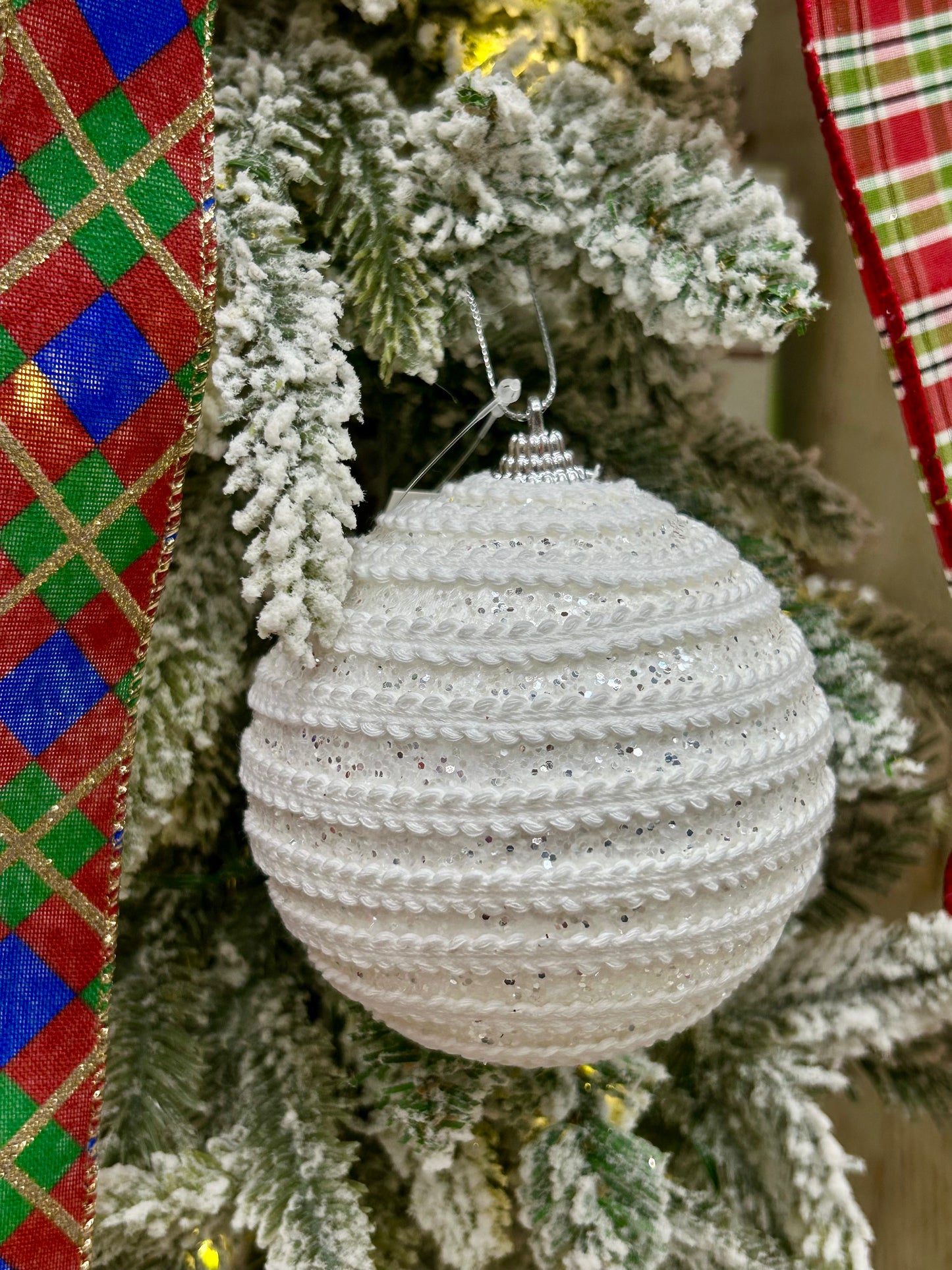 4 Inch White With Silver Glitter Ball Ornament