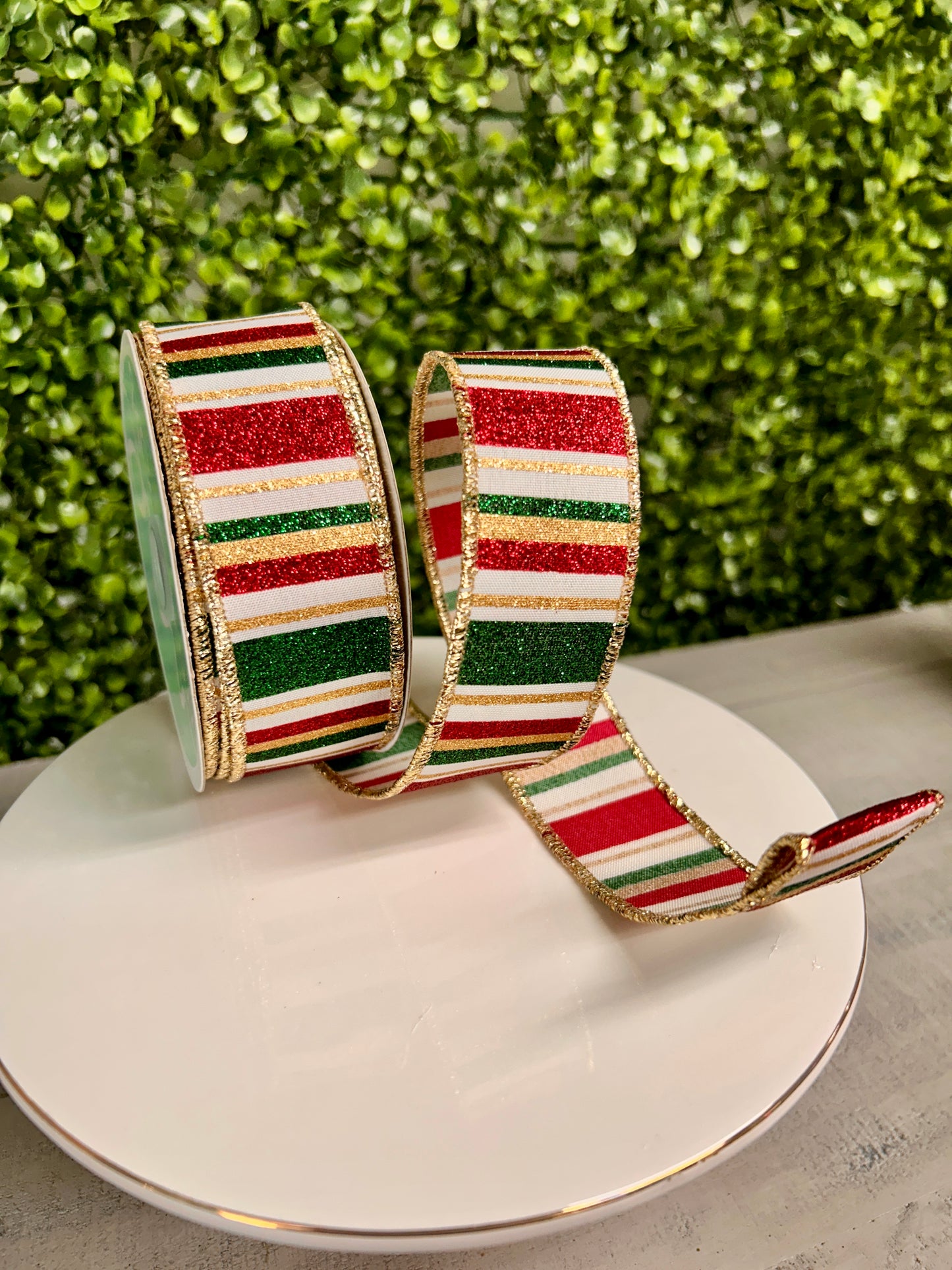 1.5 Inch By 10 Yard Hunter Green Gold And Maroon Horizontal Stripe Ribbon