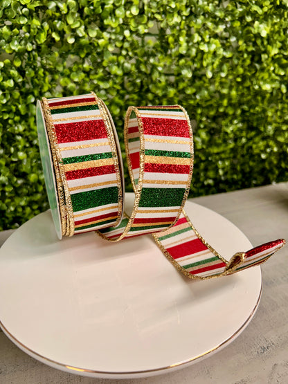 1.5 Inch By 10 Yard Hunter Green Gold And Maroon Horizontal Stripe Ribbon