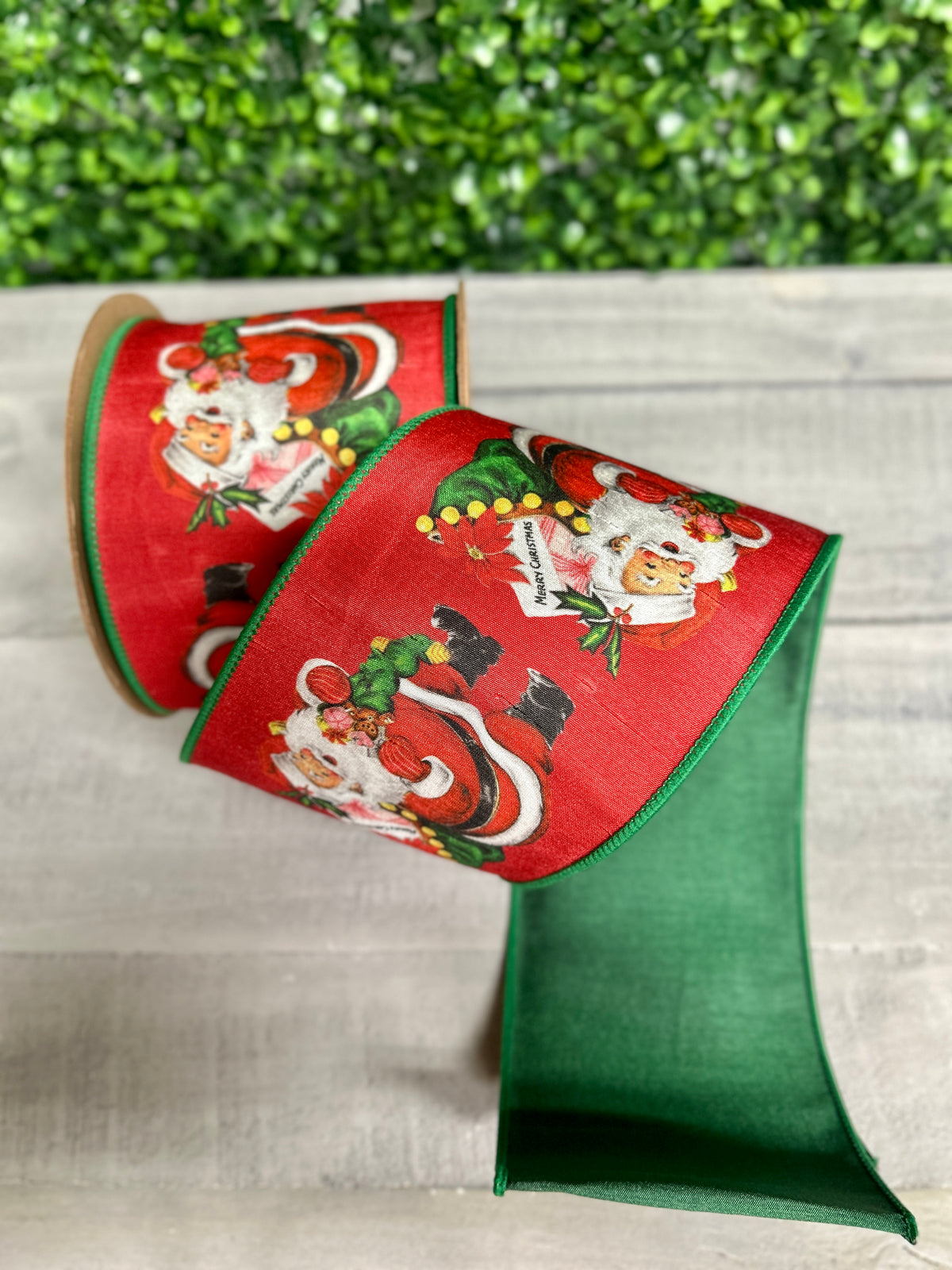 4 Inch By 10 Yard Retro Santa With Green Backing Ribbon