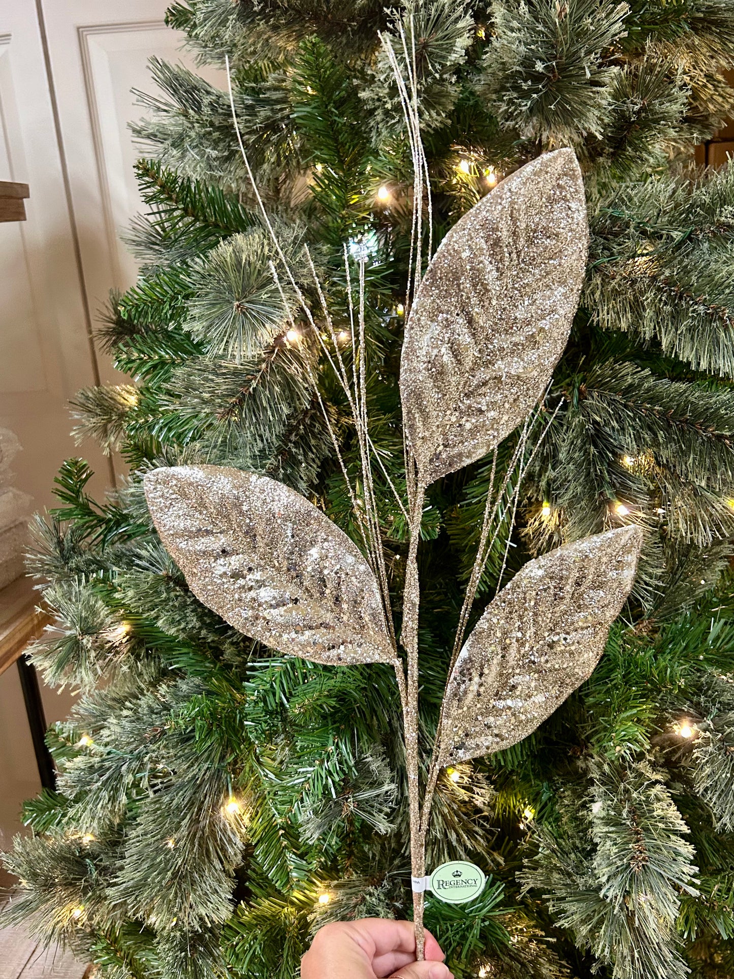 28 Inch Micro Beaded Sequin Magnolia Leaf Spray