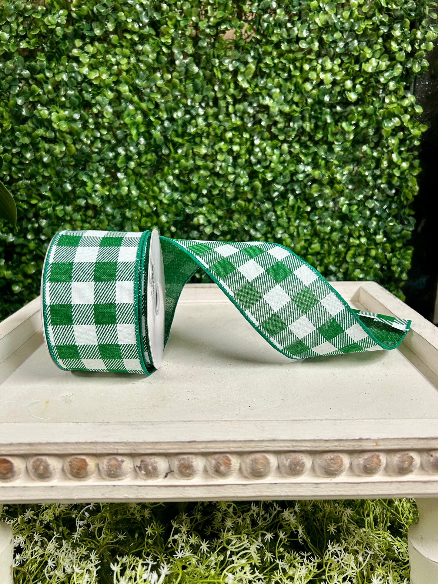 2.5 Inch By 10 Yard Emerald Green And White Check On Royal Ribbon