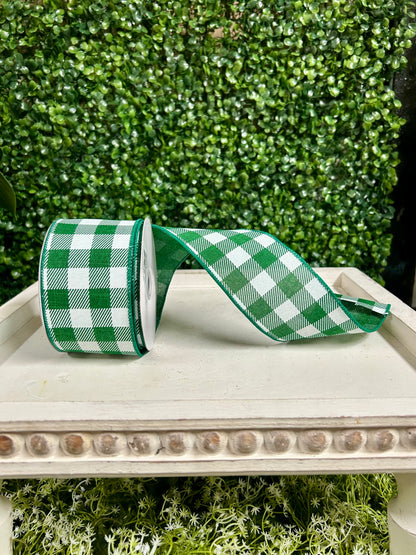 2.5 Inch By 10 Yard Emerald Green And White Check On Royal Ribbon