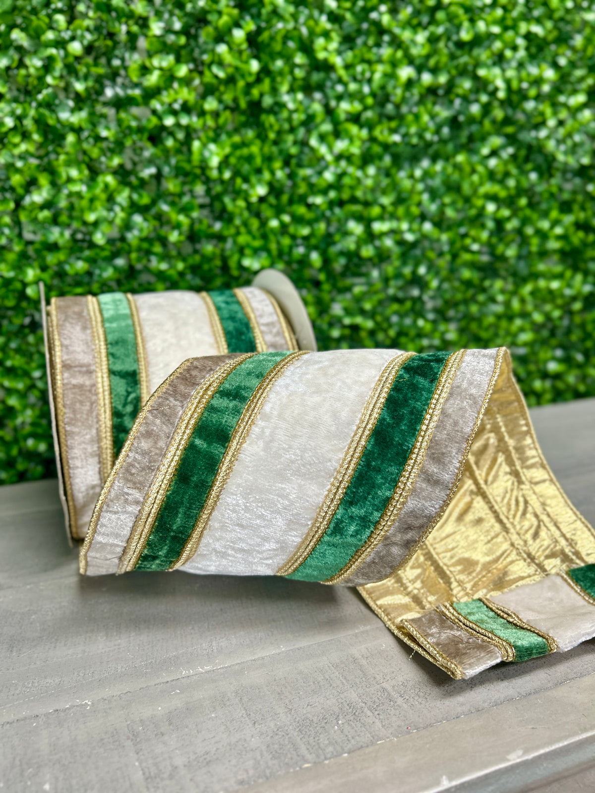 John Mark 6 Inch By 10 Yard Stripe Gray Green White Velvet Metallic Dupioni Ribbon