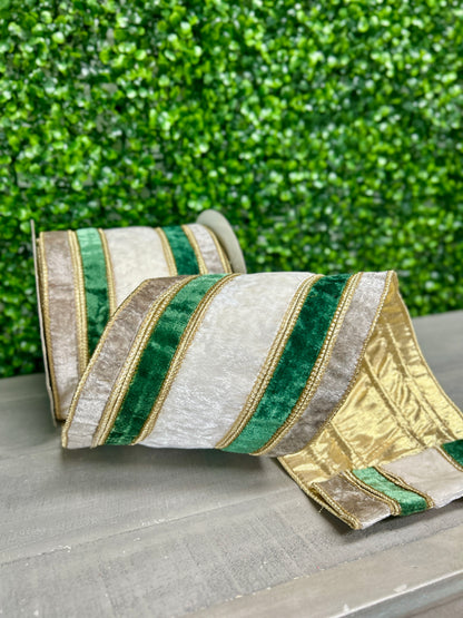 John Mark 6 Inch By 10 Yard Stripe Gray Green White Velvet Metallic Dupioni Ribbon