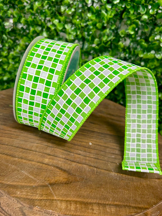 1.5 Inch By 10 Yard Green And White Small Check Ribbon