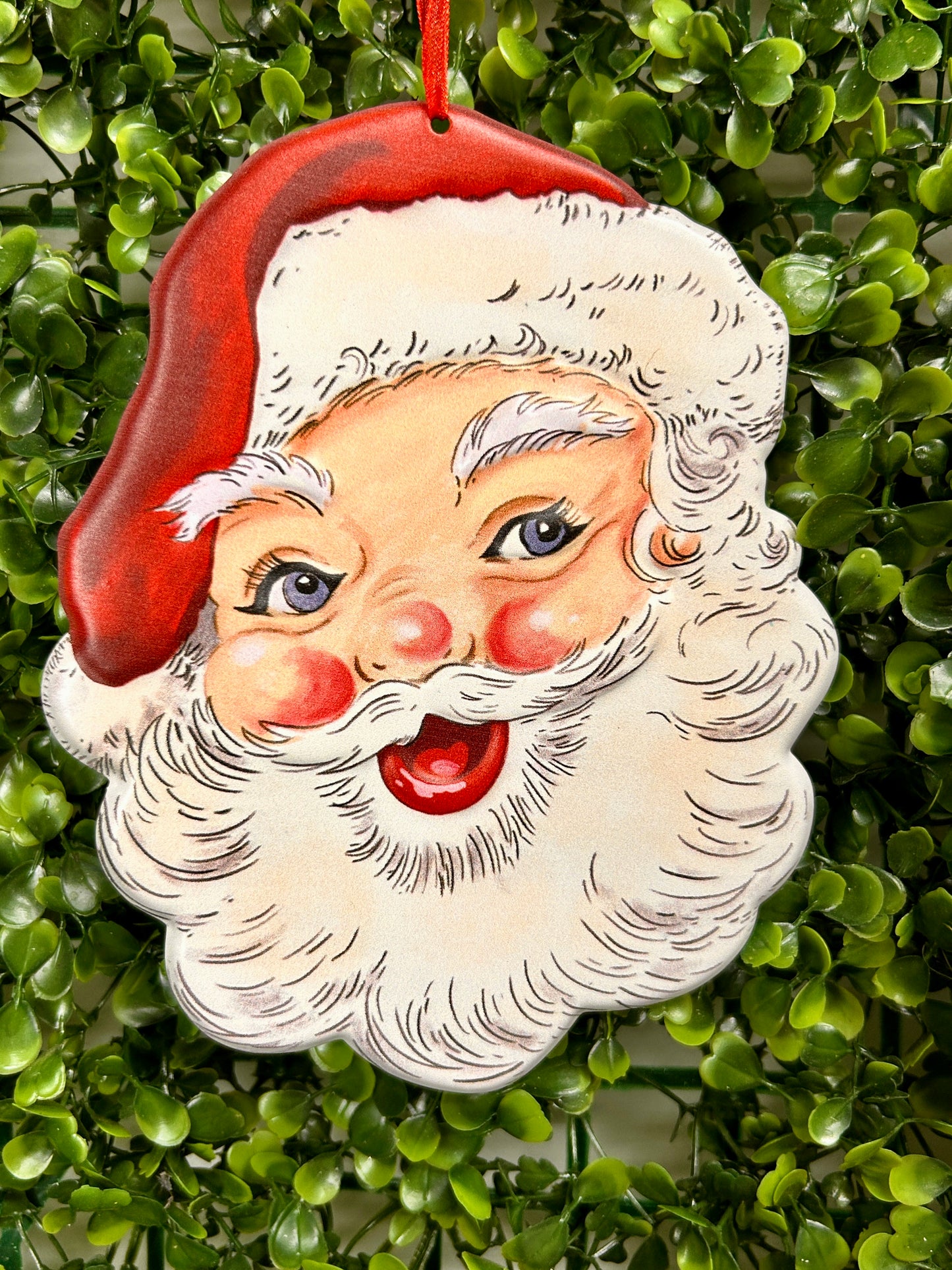 6.10 Inch Metal Embossed Holiday Santa Design Ornament Three Assorted
