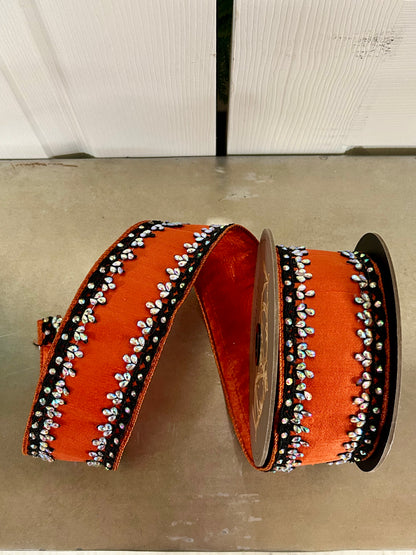 2.5 Inch By 5 Yards Orange And Black Metallic Dupioni With Iris Jewel Trim Ribbon